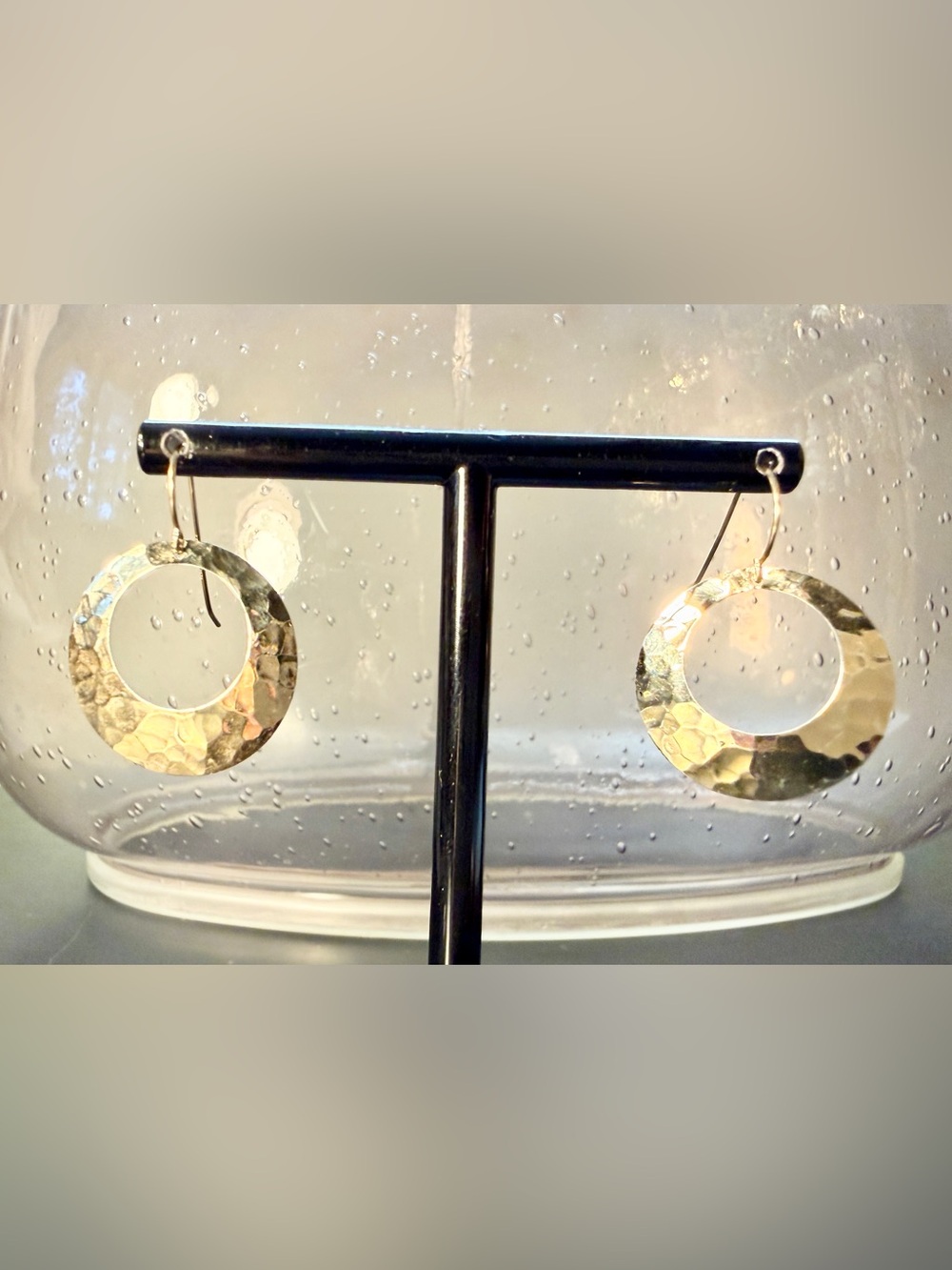 Vintage Delicate Hammered Silver Tone Circle Dangle Earrings